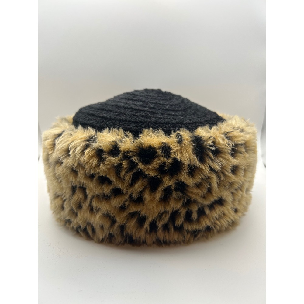 Vintage Betmar New York Leopard Faux Fur Trim Black Wool Pillbox Women's Hat
